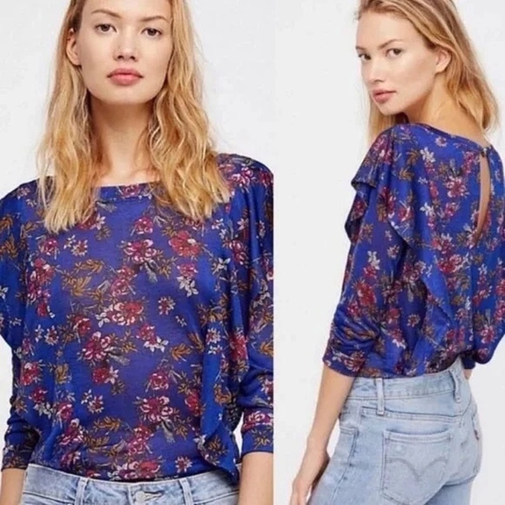 Free People Slinky Floral Ruffle Sleeve Blouse - Picture 5 of 10